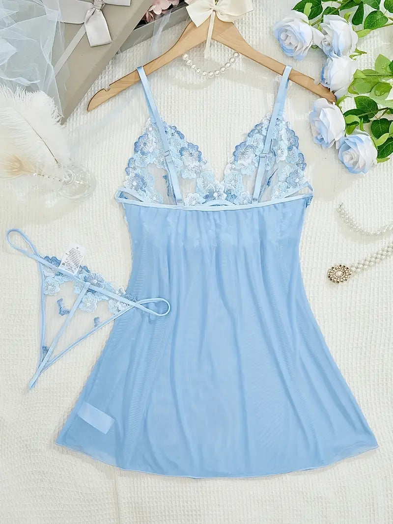 Seductive Embroidered Babydoll & Thong Set - Deep V Slip Dress