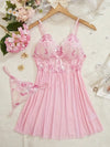 Seductive Embroidered Babydoll & Thong Set - Deep V Slip Dress