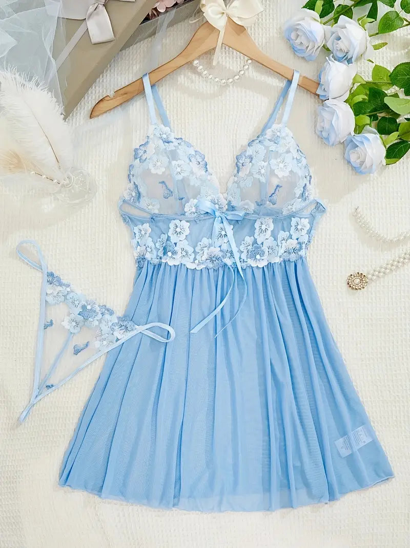 Seductive Embroidered Babydoll & Thong Set - Deep V Slip Dress