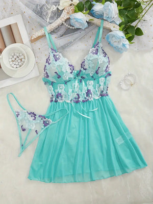 Seductive Embroidered Babydoll & Thong Set - Deep V Slip Dress